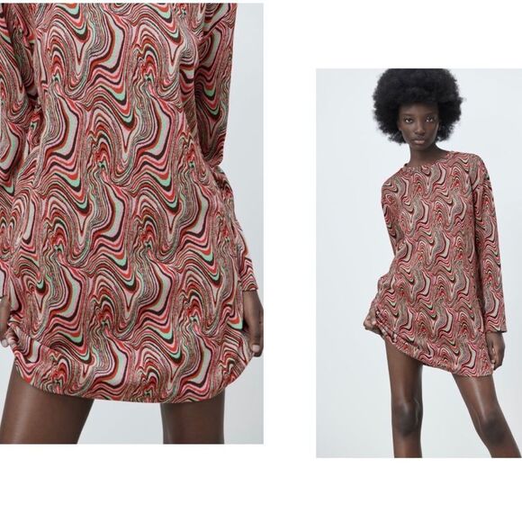 ZARA multicoloured jacquard long sleeve round neck mini dress Sz S NWT - Picture 2 of 9